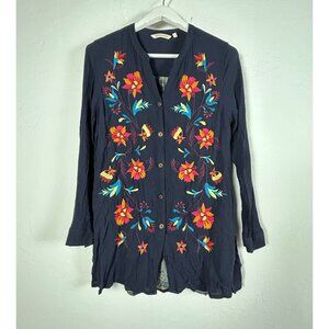Soft Surroundings Womens Blue Floral Paisley Embroidered Button Up Shirt Medium